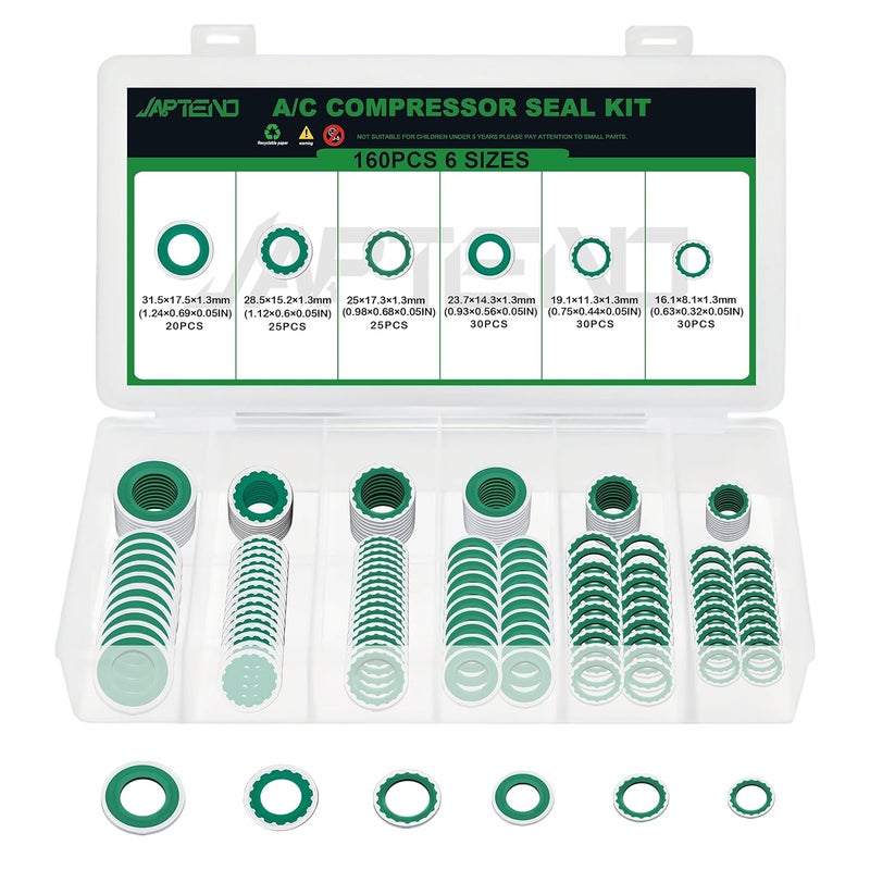 Japtend 160PCS Air Conditioning System Compressor Seal Washers Assortment Kit, 6 Sizes Automotive A/C Compressor Port Bonded Seal Gasket Kit (Green) - Image 1